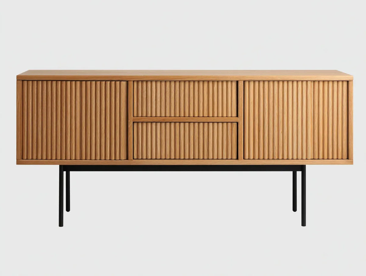 Meuble TV 200×40×60 cm – bois brun et métal noir – rangement intégré pour salon