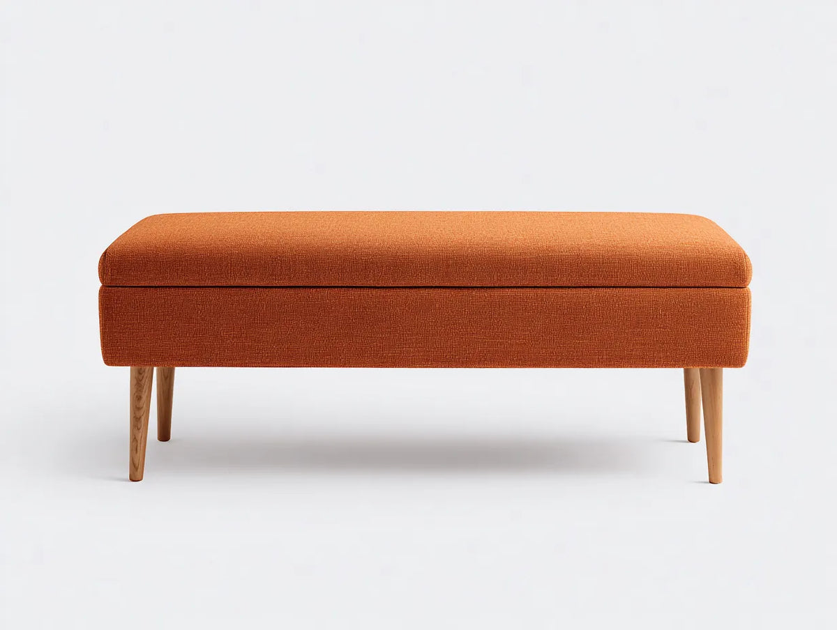 Banc de chambre en tissu 135×45×48 cm - orange et bois clair - style contemporain
