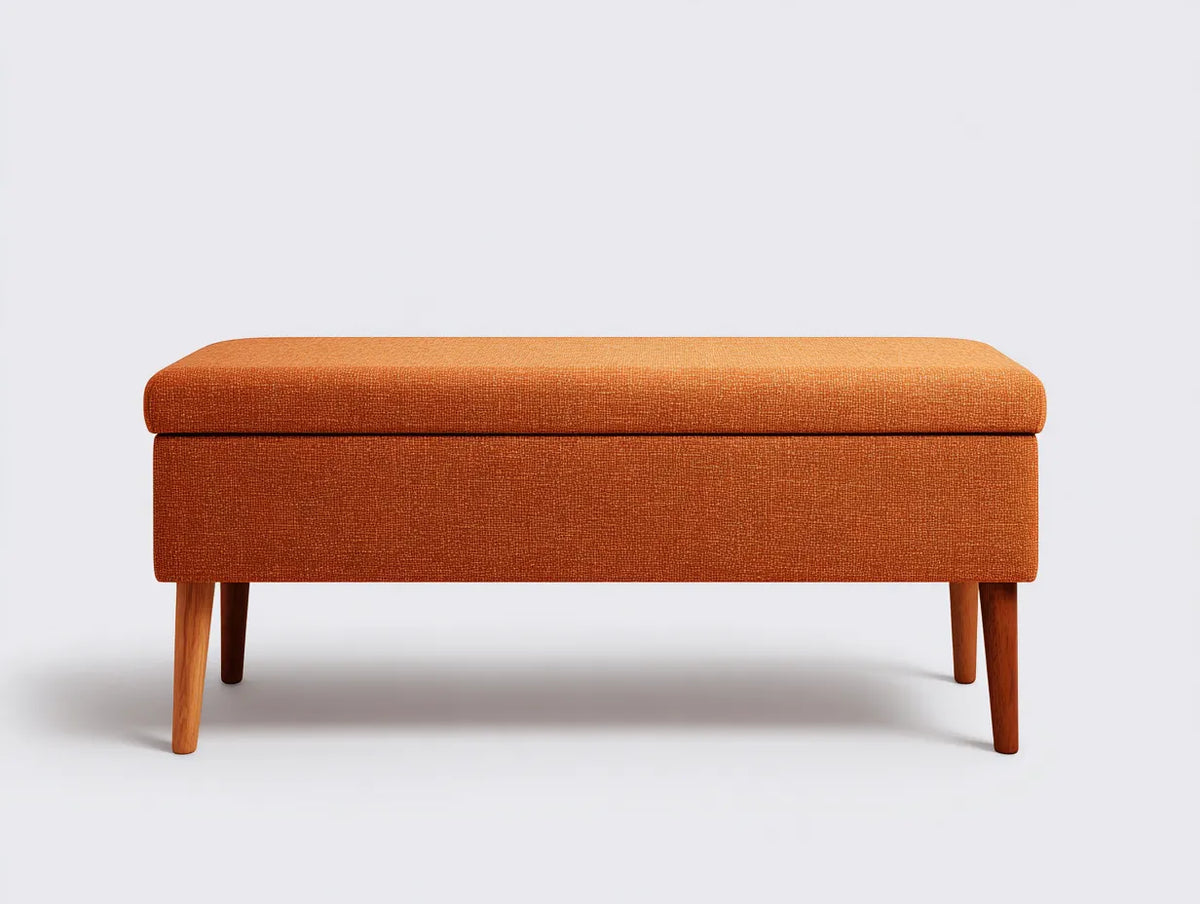 Banc de chambre tissu orange 120×45×48 cm – bois marron style moderne avec rangement